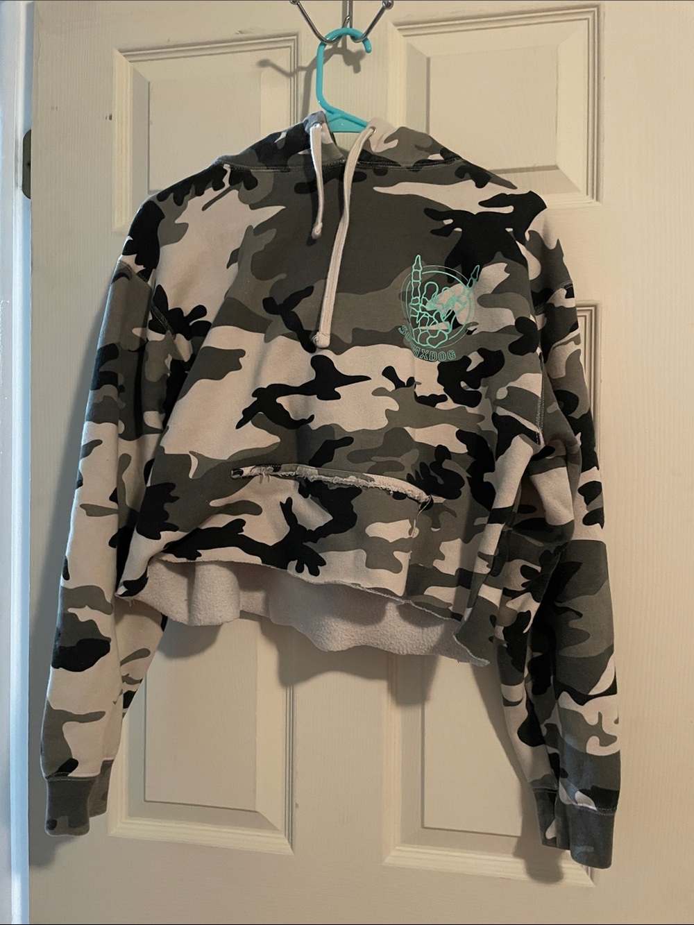 Cropped Gray Green Camo Hoodie with Mint Logo